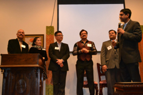 Ro Khanna addressing the gathering as Rajesh Verma, guest, Mr. Kansen Chu, Dr. Romesh Japra and Raj Salwan support him