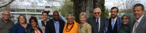 Religious leaders participating in Earth Day event (L-R): Rigoberto Ruano Mireles, Harriet Kathryn Stewart, Roya Galata, Justin R. Zuniga, Omar A. Palmer, Rajan Zed, Shelley L. Fisher, Donald W. Watts, Daniel R. Sanchez, Sumayya U. Beekun, Ryan J. Earl.