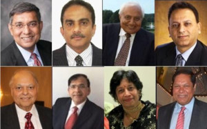 GOPIO 2016 Office bearers: From top left clockwise, Niraj Baxi, Noel Lal, Ram Gadhavi, Dr. Rajeev Mehta, Dr. Pradip Sewoke, Suman Kapoor, Rajendre Tiwari, GOPIO Chairman Inder Singh