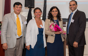 L to R: KanchanBanregee, a conference member, the health commissioner Dr. Monica Bharel and Pramit Maakoday