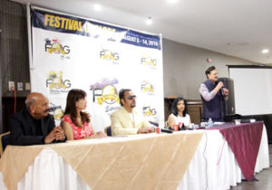 Dr. Romesh Japra addressing FOG press conference with (L-R) Rajesh Verma, Lily Mei, Gulshan Grover, Ritu Maheshwari on the panel