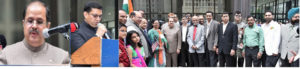Indian Consul General Dr Ausaf Sayeed and Consul Meena addressing the gathering and Indian CG with a group of Indian community members