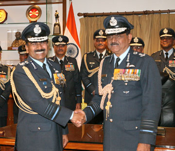 The Chief of the Air Staff, Air Chief Marshal Arup Raha with his predecessor Air Chief Marshal N.A.K. Browne, in New Delhi on December 31
