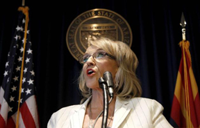 Arizona Gov. Jan Brewer, speaks during a ceremony to pass official hosting duties of next year’s Super Bowl to Arizona, in New York.