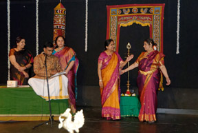 "Rasaanubhavam by Samskriti Foundation at Madden Theater, Naperville. Ravikiran is seen here trying to set the verse to music (from left): emcee Vandana Iyengar, Chitravina Ravikiran, organizer Shoba Natarajan, Maragatham Sundaresan and Sudha Chandrasekhar