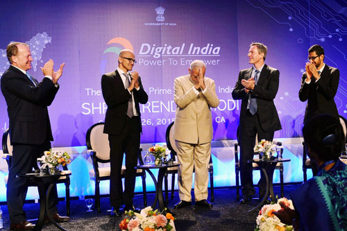 Prime Minister Narendra Modi with Satya Nadella, Sundar Pichai and others, at the stage for Digital India Dinner, in San Jose, California on September 26