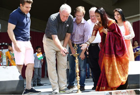 Lamp lighting ceremony at India Fest. From left Bayview Alderman Tony Zielinski, City of Milwaukee Mayor Tom Barrett, Milwaukee County Executive Chris Abele, Brookfield Mayor Steve Ponto, President Spindle India Purnima Nath and Air India's Katherine Thorat lighting a traditional lamp at the inauguration