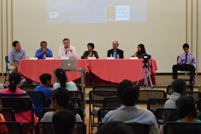(L-R) SVP/GM VMware Charles Fan, CEO of Pulse Secure Sudhakar Ramakrishna, CEO QMAT Francois Henley, VP/GM Intel Geetha Dabir, CFO AMD Devinder Kumar. VP Coupons.com Dhana Pawar with moderator and organizer Shivaum Kumar, Sophmore Saratoga High School.