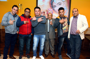 Leading stars from Hyderabad film industry L-R Feroz Khan (Actor), Syed Hussain (Director), Mast Ali (Actor), Iftekhar Shareef, host and Community leader, Azizullah Naser "Jahanjir" (Actor) and a guest.