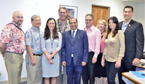 L-R: Nathan Miyaki Office Staff of Congresswoman Gabbard; Milton Kwock Manager of DEBDT; Ashley Kaono Office Staff of Congresswoman Gabbard; Senator Brickwood Galuteria; Dr. Raj Kumar President IAFC-Hawaii Chapter; Senator Kalani English; Madana Sundari and Debbie Young GIIP members, and Senator Kaiali'I Kahele
