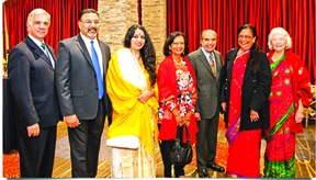 Acharya Shunya with (right) Raj Desai and Helen Desai (Trustees, CIIS), Shipra and Rita Chaudhari (daughters of Haridas and Bina Chaudhari), and (on left) Sanjai Mathur (Vedika Global Director), and Joseph Subbiondo, President of CIIS.