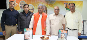 Deep Pragatya ceremony L to R Nirav Patel (Chapter Youth Coordinator), Somnath Chatteree (Active member of BJP), Dilip Kumar Ghosh (President of West Bengal BJP and MLA of West Bengal Assembly), Rohit Joshi (Chapter Coordinator), Amar Upadhyay (OFBJP National Secretary)