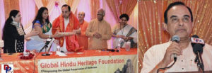 Dr Subramaniam Swamy addressing the Dallas audience, and (left) being honored and recognized at the event