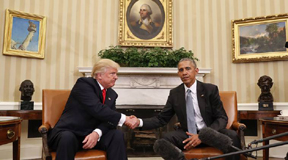 President Barack Obama and President-elect Donald Trump shake hands following their meeting in the Oval Office of the White House in Washington, Thursday, Nov. 10, 2016. (AP Photo/Pablo Martinez Monsivais)