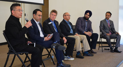 L to R - Assemblymember Kansen Chu, Assemblymember Ash Kalra, Saratoga councilmember Howard Miller, San Jose Councilmember Chappie Jones, Modesto Councilmember Mani Grewal, Moderator Rishi Kumar at the 2nd annual Unity in Community Day in Saratoga.