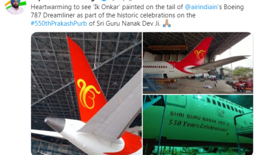 Air India’s Boeing plane carries Ek Onkar symbol to celebrate Guru Nanak’s birth anniv