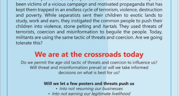 Don’t be afraid of militant threats, resume normal activities: JK administration tells people through ad