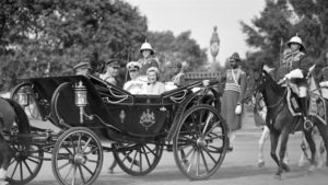 Lord Louis Mountbatten, the last Viceroy of India, and his wife, Lady Edwina Mountbatten, ride in the state carriage towards the Viceregal lodge in New Delhi, on March 22, 1947