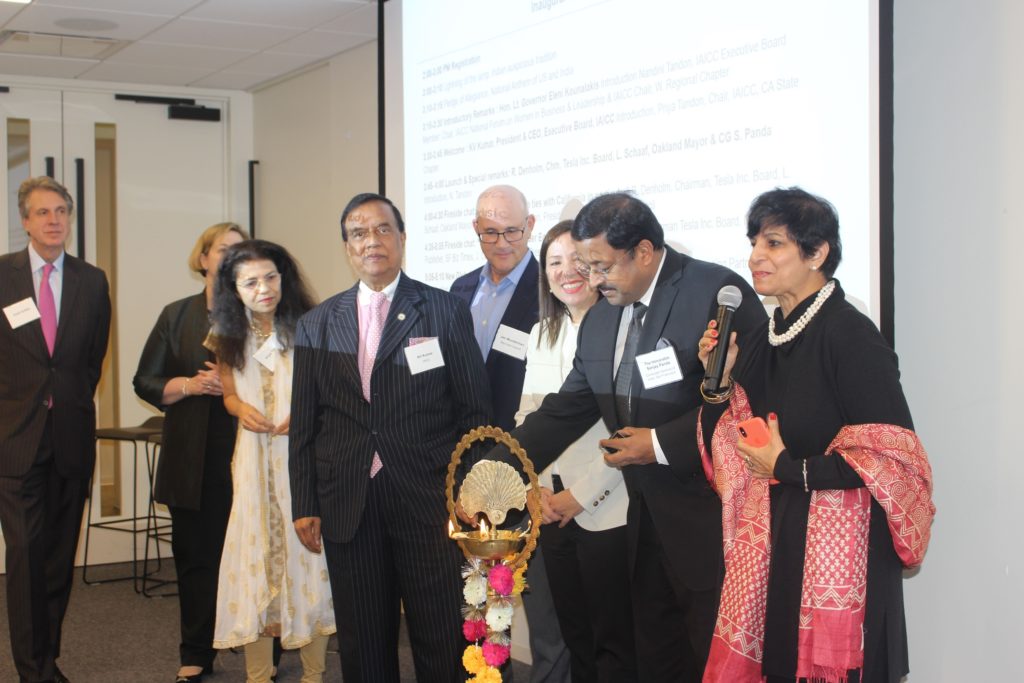 Lamp lighting ceremony - Robyn Denholm Chair Tesla Board, Lt Gov Eleni Kounalakis, CG Sanjay Panda with IAICC leaders KV Kumar, Nandin Tandon, and Priya Tandon