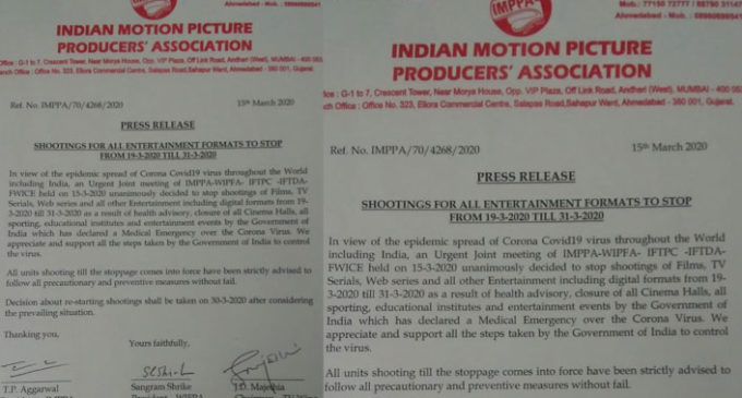 COVID-19 effect: No film, TV, digital shoot from March 19 to 31
