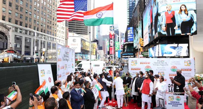 FIA Makes History; CG Randhir Jaiswal Hoists Indian Tricolor to Celebrate India’s 74th Independence Day at Times Square