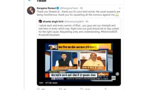 Kangana thanks Sushant’s sister for saluting ‘each and every warrior of Bhai’