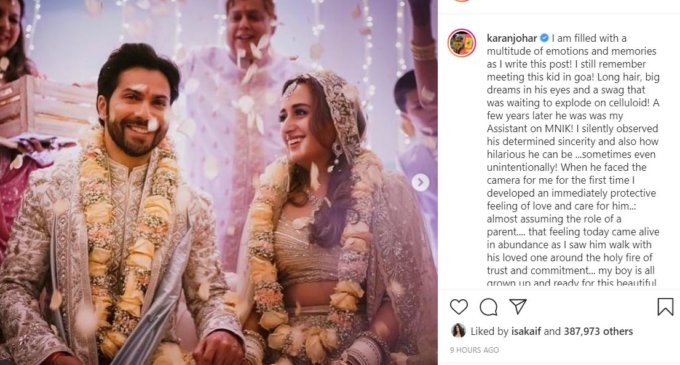 Karan Johar pens heartfelt note for newlyweds Varun Dhawan, Natasha Dalal