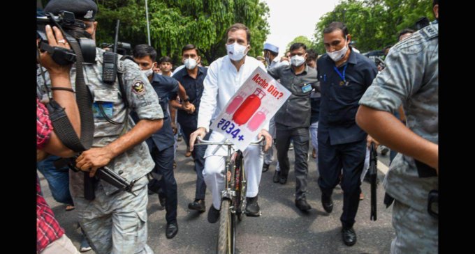 Rahul Gandhi rides bicycle to Parliament to protest fuel hike