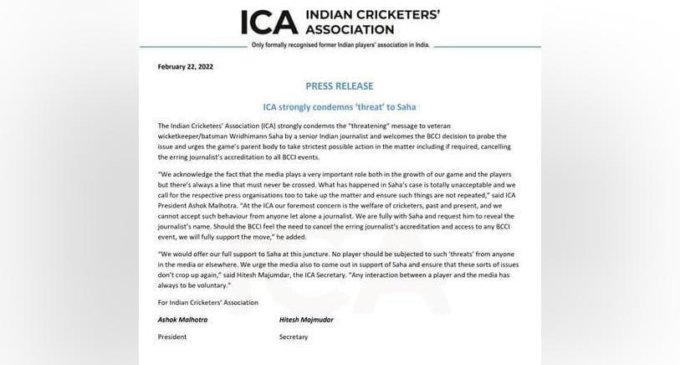 Indian Cricketers’ Association issues statement in favour of Saha, condemns journalist’s ‘threat’