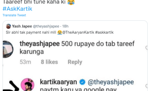 Fan asks Kartik Aryan for Rs 500 in exchange of praise, actor’s response leaves him speechless