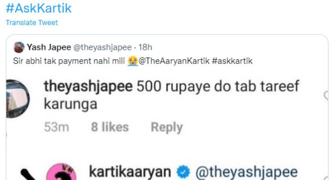 Fan asks Kartik Aryan for Rs 500 in exchange of praise, actor’s response leaves him speechless
