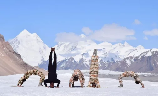Himveers of ITBP practice yoga at high altitudes in the Himalayas